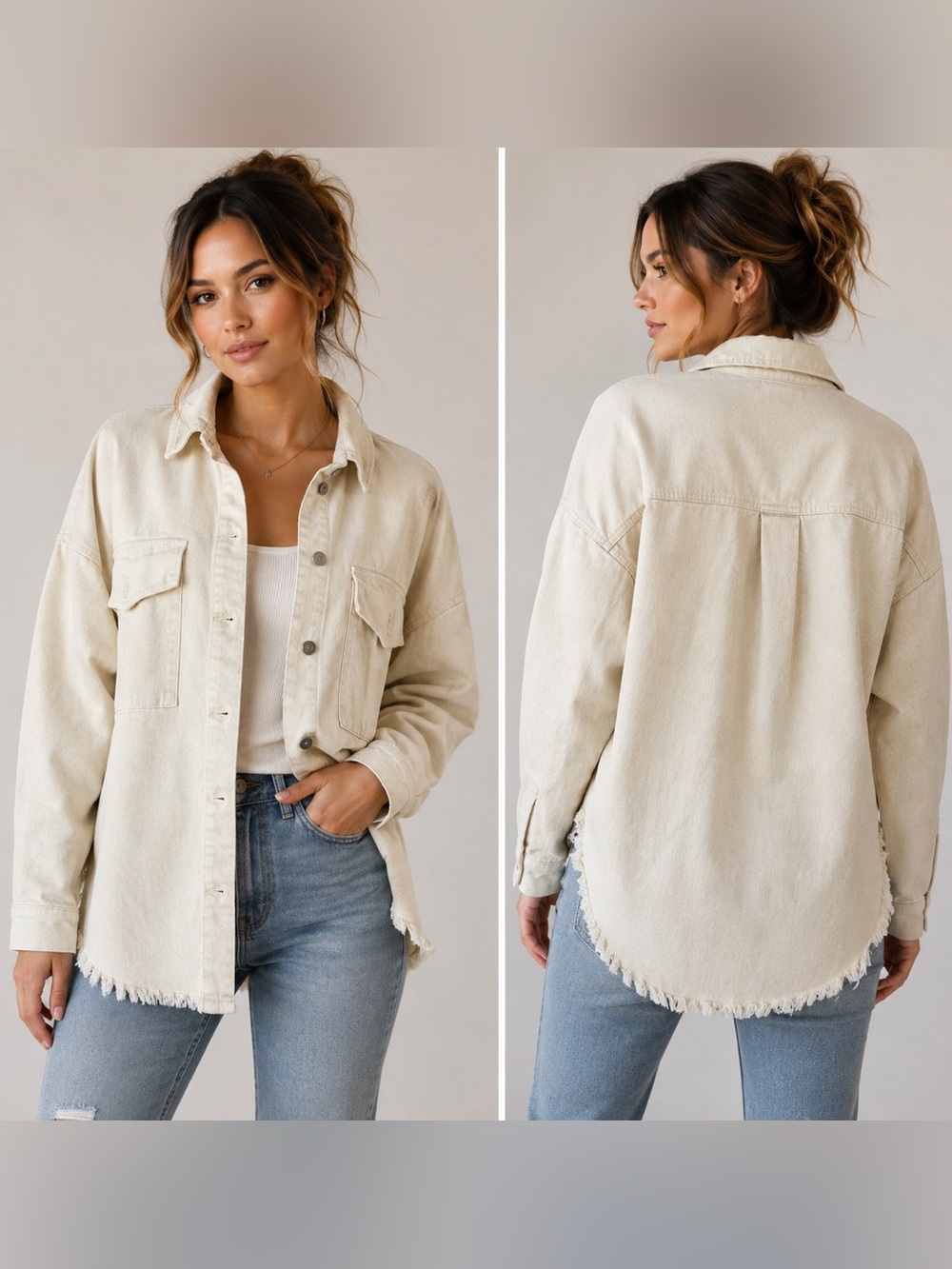 Celebrity Pink Cream Oversized Denim Shacket Frayed Hem Jacket Size Large
